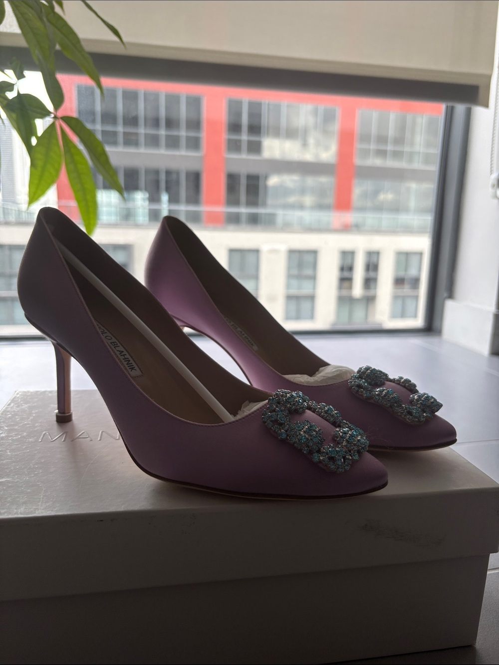 Manolo Blahnik Purple Satin Crystal-Embellished Pumps